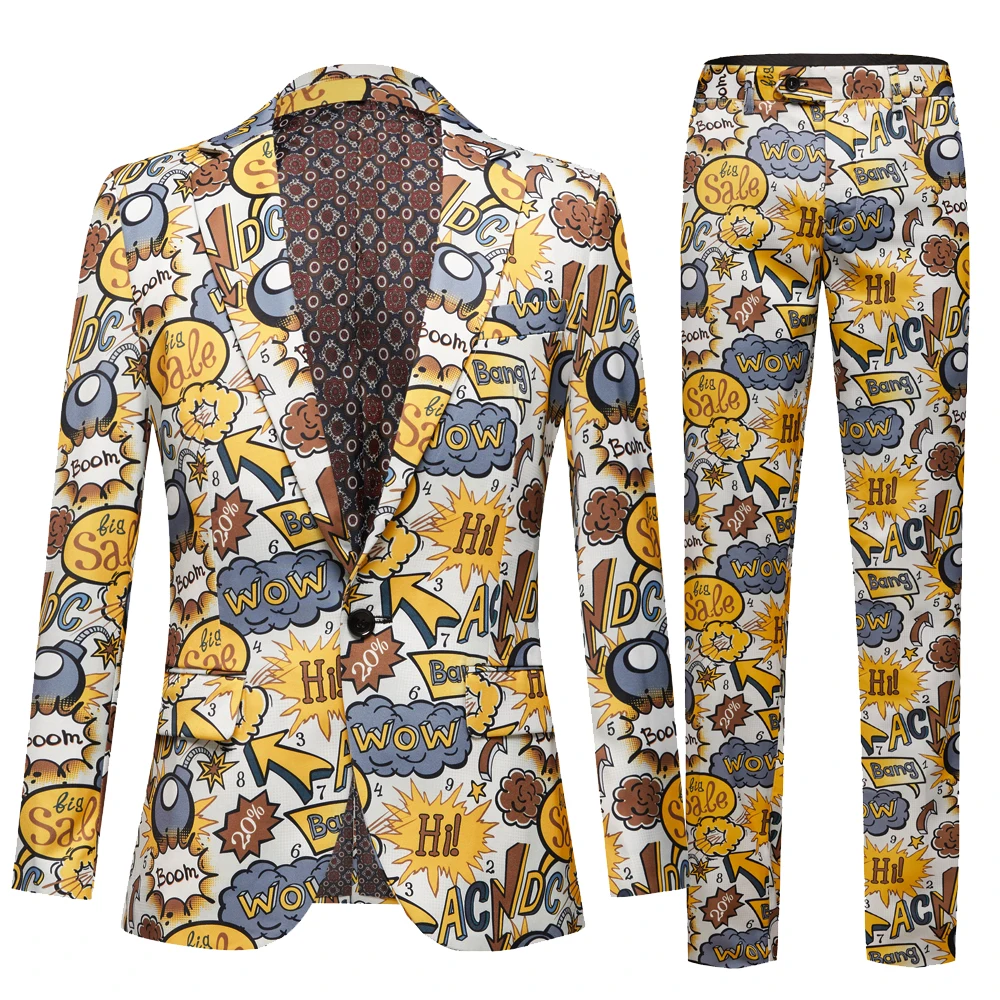 Yellow Jacket Pants Men Business Casual Slim Suit 2 Pieces Sets Fashion  Printed Tuxedo Wedding Formal Dress Blazer Floral Coat