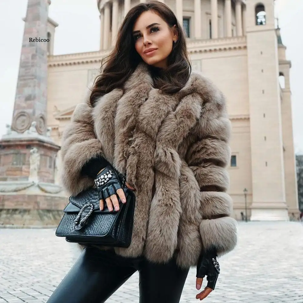 Luxury Faux Fox Fur Coat Women  Fluffy Collar Women\'s Warm Coat Winter Thick Long-Sleeved Clothes Plush Thick Outwear