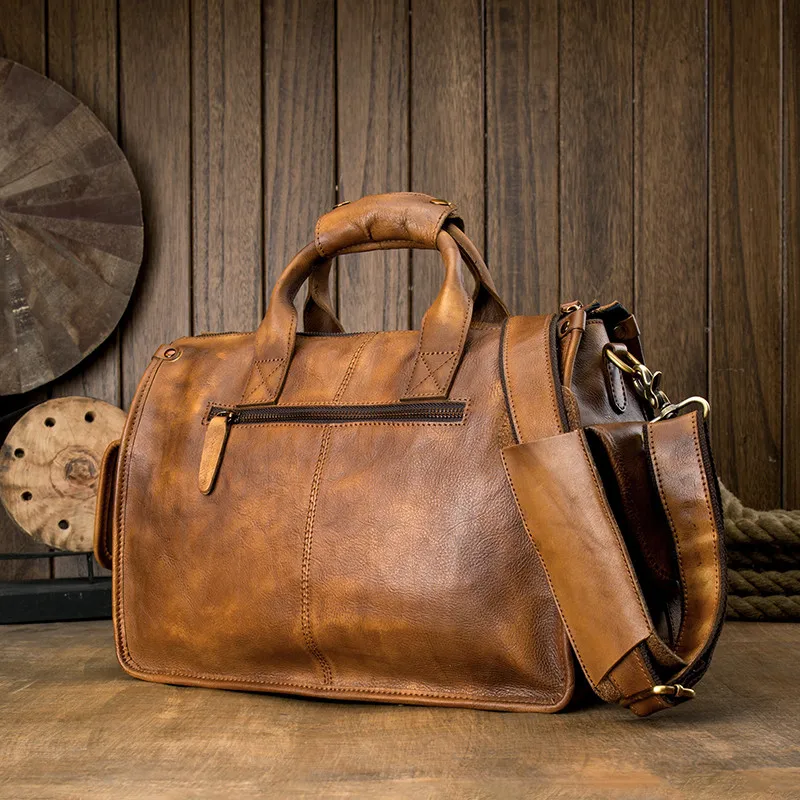 Vintage natural luxury cowhide men's briefcase laptop handbag casual genuine leather multi-pocket large capacity messenger bag