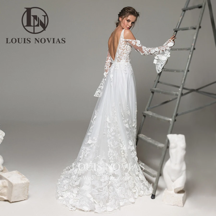 LOUIS NOVIAS Boho Wedding Dress A-Line Backless Illusion Lace Bridal Gown V-Neck Embroidery Flare Sleeve Vestidos De Novia