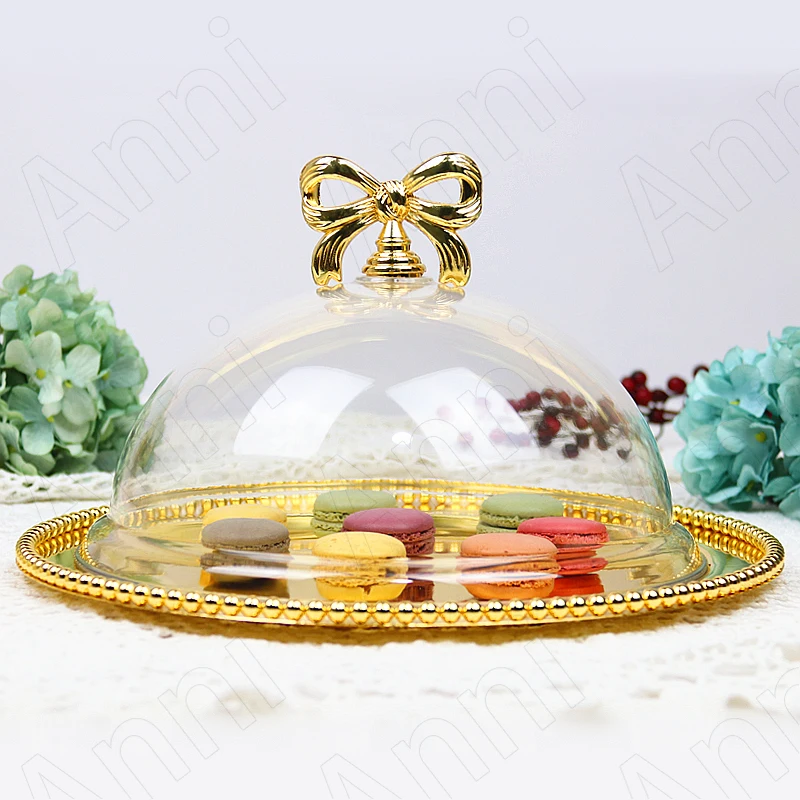 Creativity Golden Lace Plates European Modern Metal Gold Bead Embellishment Snack Cake Dessert Plate with Lid Wedding Decoration