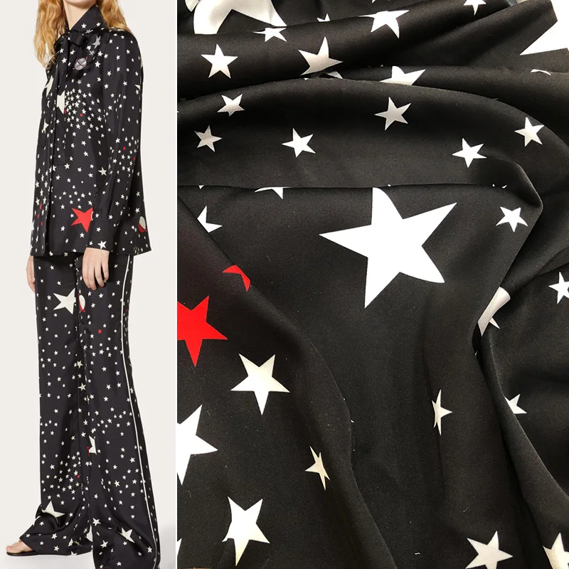 Fashion Black And White Star Printed Imitate Silk Satin Fabric For Woman Blouse Dress Pants Pajamas Tuch Tela En Tissu Ткань DIY