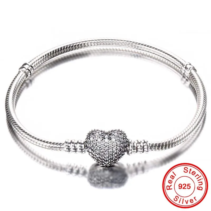 Romantic Original 925 Silver Heart-Shaped Snake Chain Charm Bracelet For Women Brand Bracelet & Bangle DIY Jewelry Making Gift