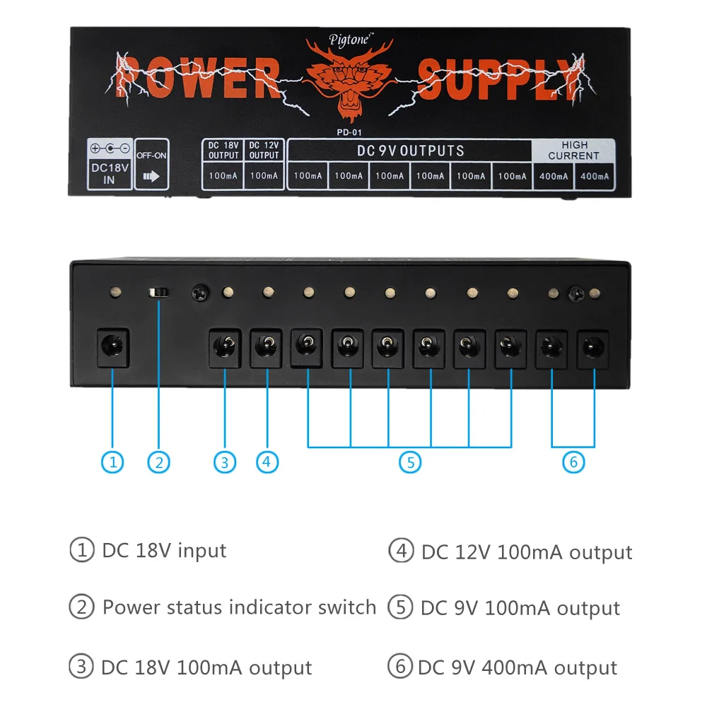 Pigtone PD-01 Guitar Effect Pedals Board Power Supply 10 Way Outputs For 9V/12V/18V Voltage Protection Guitar Accessories