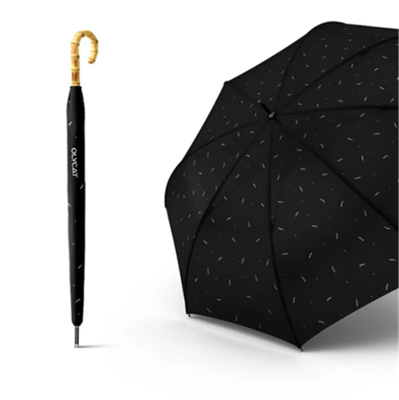 OLYCAT-Bamboo Cane Long Wooden Bent Handle, Windproof and UV Proof, Large Sunny and Rainy Umbrellas for Business Men