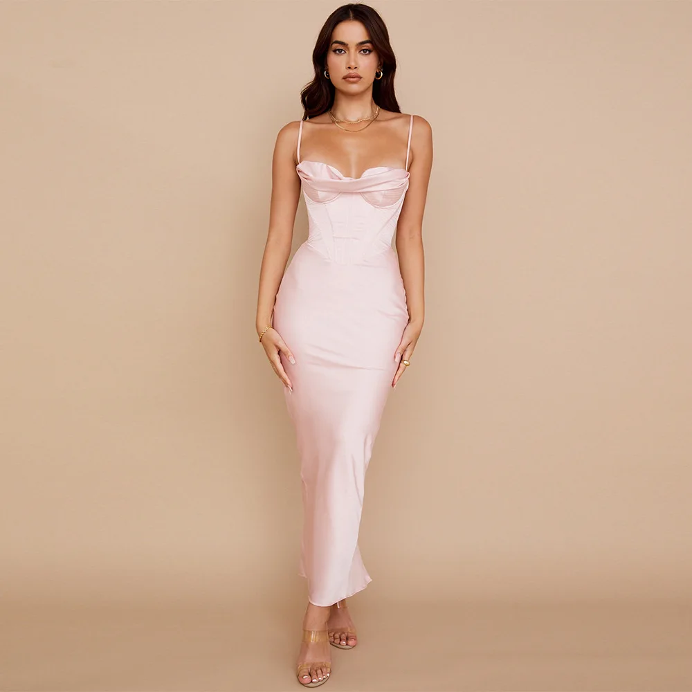 

New Sexy Spaghetti Strap Pink Boned Patchwork Satin Women Long Dress Split Slim Cocktail Celebrity Party