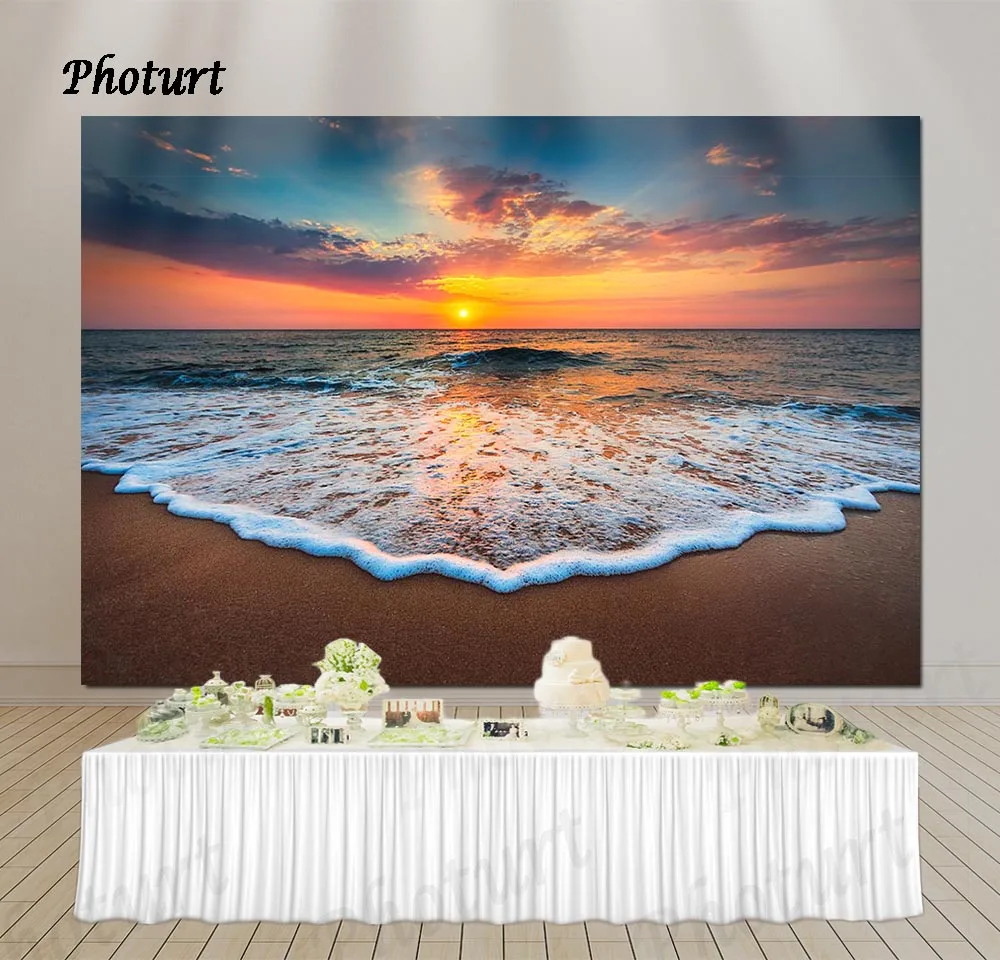 PHOTURT Sea Beach Photography Background Birthday Party Wedding Bridal Shower Backdrop Golden Sunset Photo Studios Props