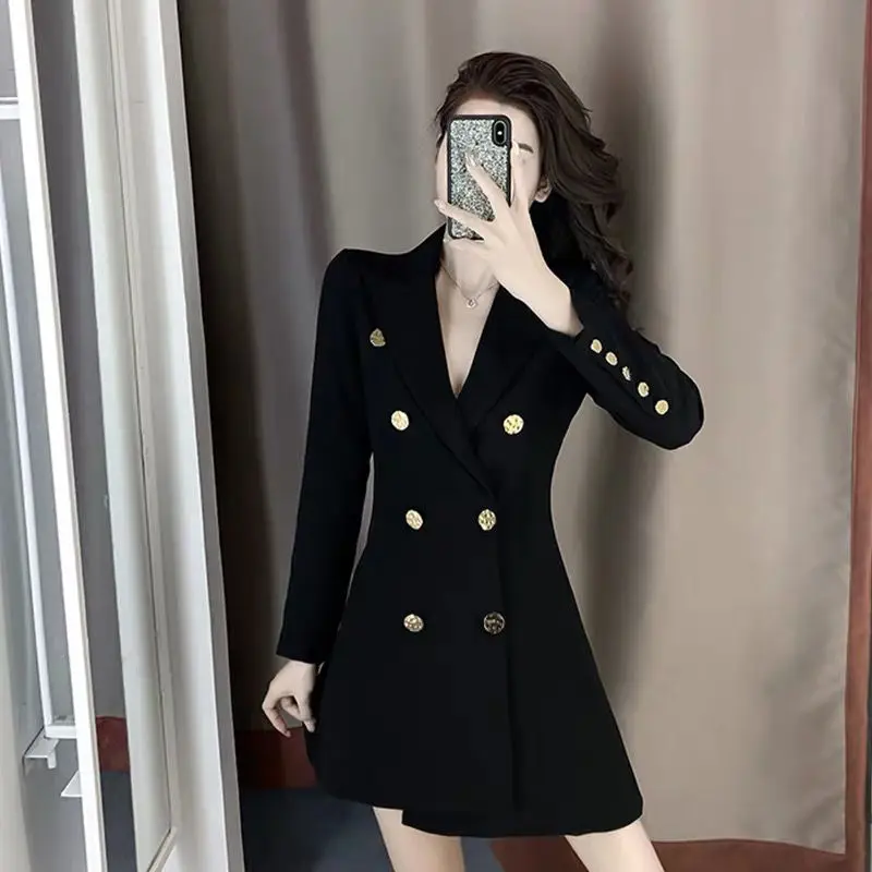 made by yihaodi) suit dress women\'s 2021 spring and autumn new French design sense minority black double breasted long sleeve wa