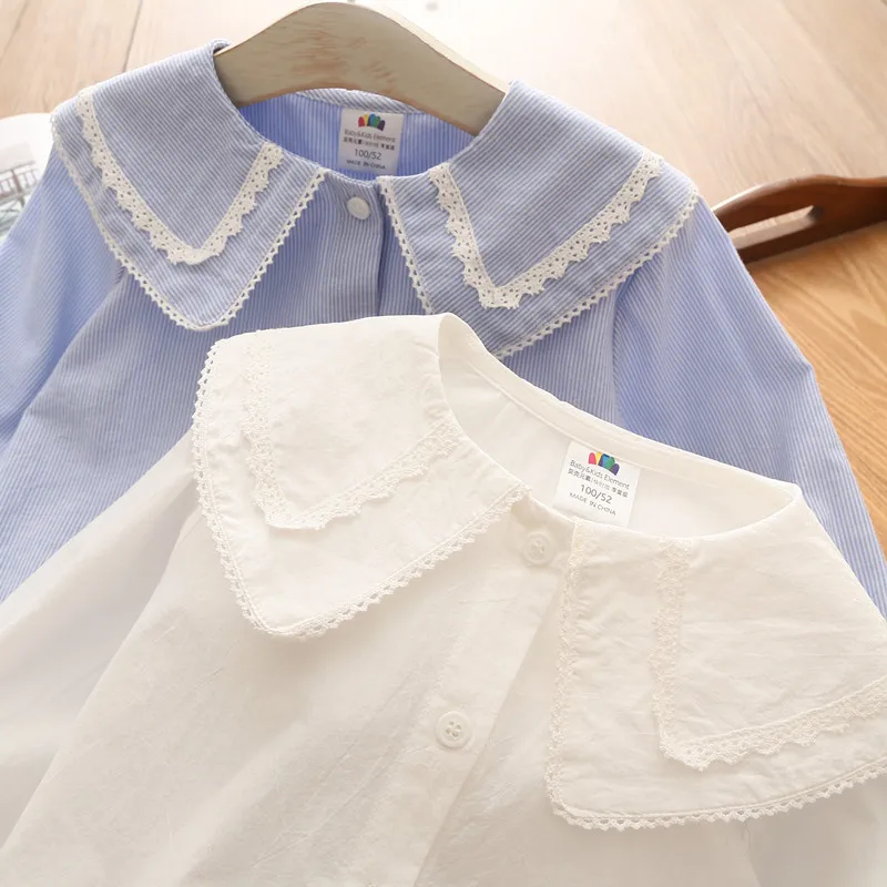 2026 New Spring Autumn 2 3 4 6 8 10 Years Children Clothing Turn-Down Neck Cotton Tops Kids Baby Girls Long Sleeve Blouse Shirt