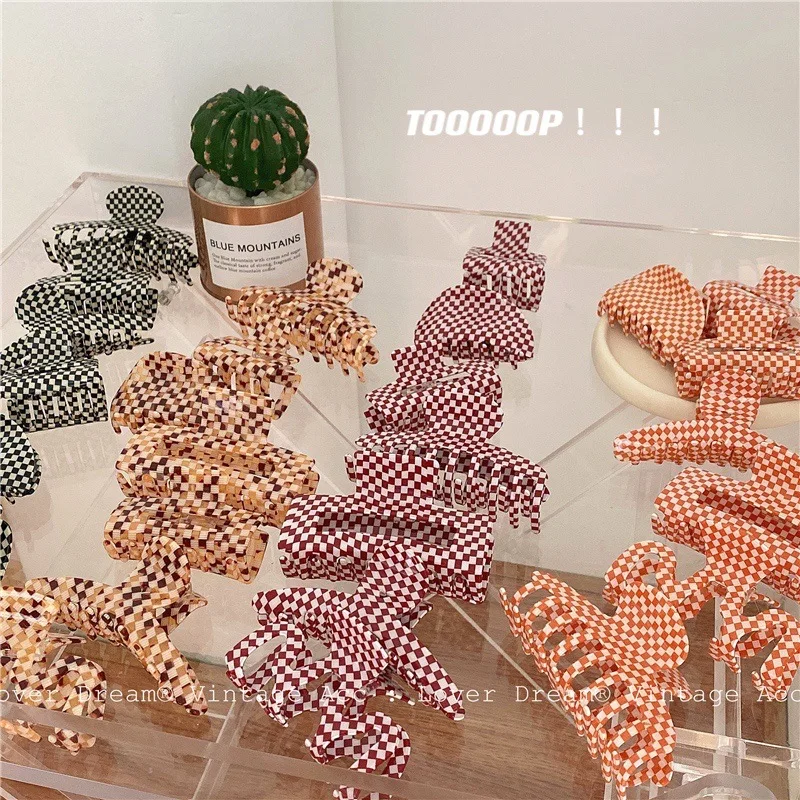 New Acrylic Hair Claw Clips Vintage Mosaic Plaid Checkered Grid Geometric Large Clamps Shark Clip Ins Women Hair Accessories