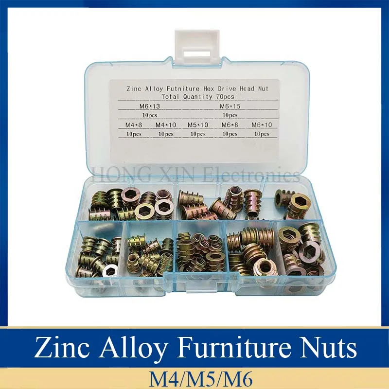 70Pcs/set M4/M5/M6 Zinc Alloy Thread For Wood Insert Nut Flanged Hex Drive Head Furniture Nuts Assortment Kit