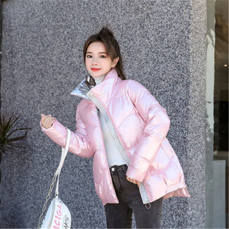 Glossy down cotton jacket women jacket 2022 winter Korean loose bread clothing stand collar solid color thick cotton coat A45