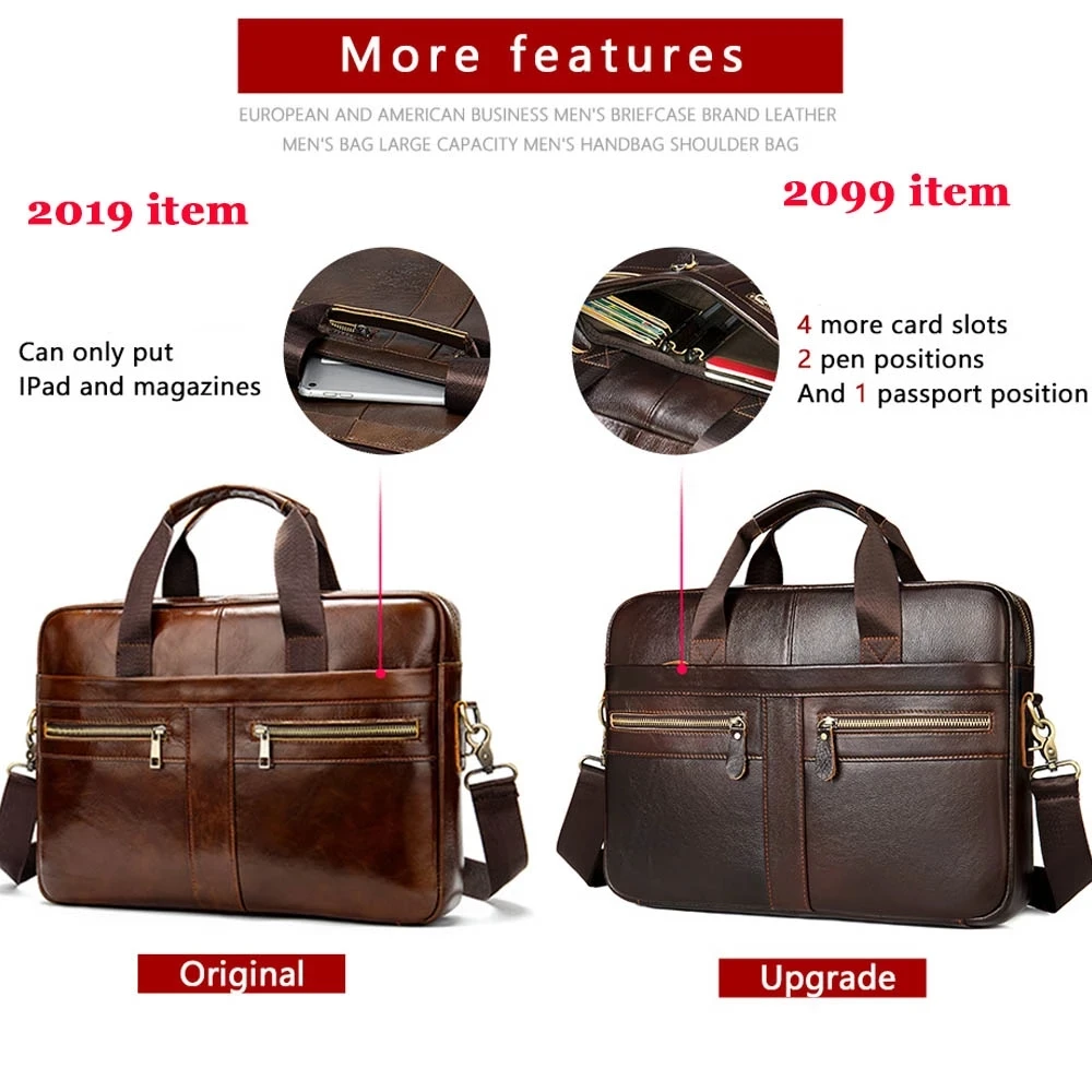 Shoulder Genuine Leather Briefcase for Men Bag Tote Laptop 14 Inch Handbag Documents A4 Business Office Male Hand Work Black Big