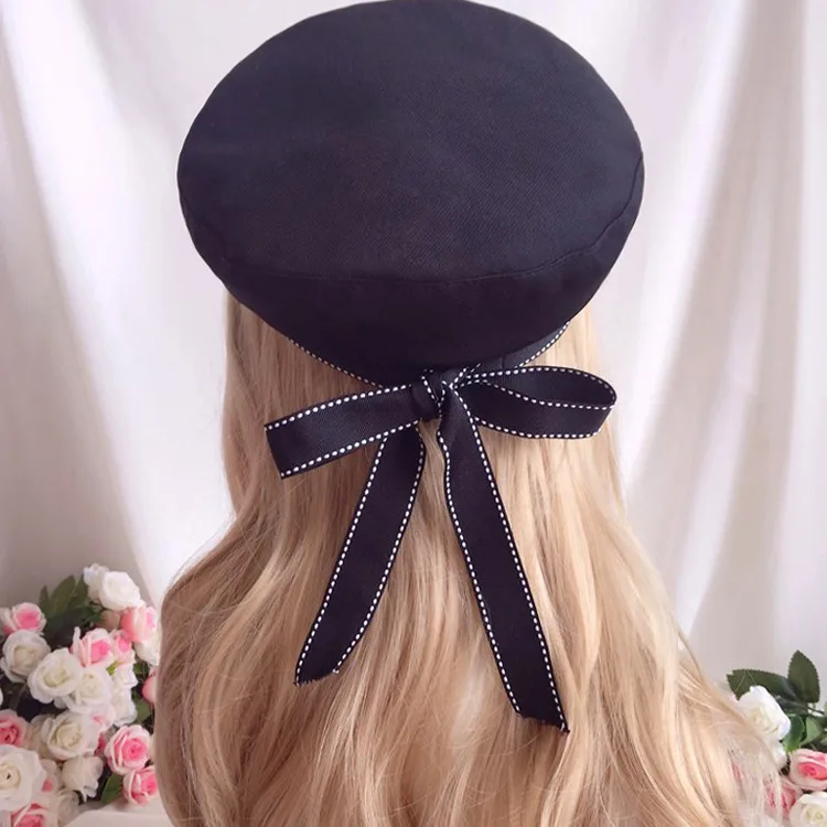 LOLITA ribbon bow navy beret blue white hat - AliExpress 200000532