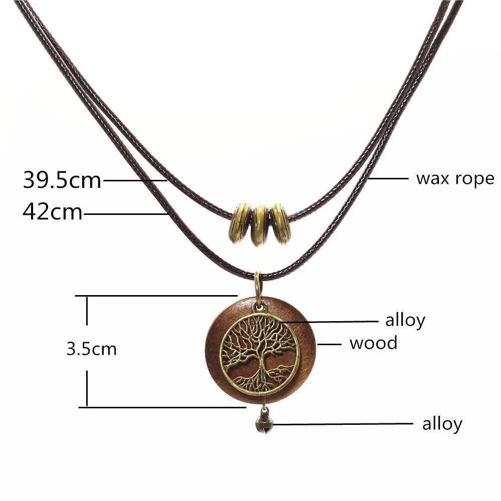 New Arrival Vintage Sweater Chain Choker Necklace Bronze Tree Round Wood Pendant Necklaces For Women 2 Layers Jewelry