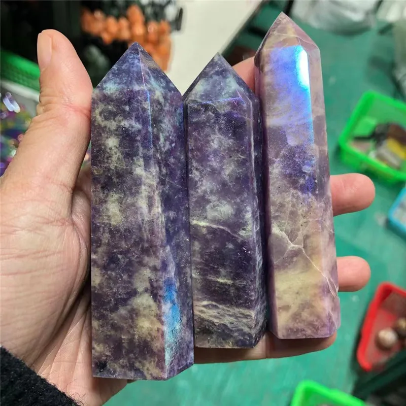 Natural Quartz Crystal Stone Aura Lepidolite Hot Point Healing Hexagonal Wand Treatment Stone