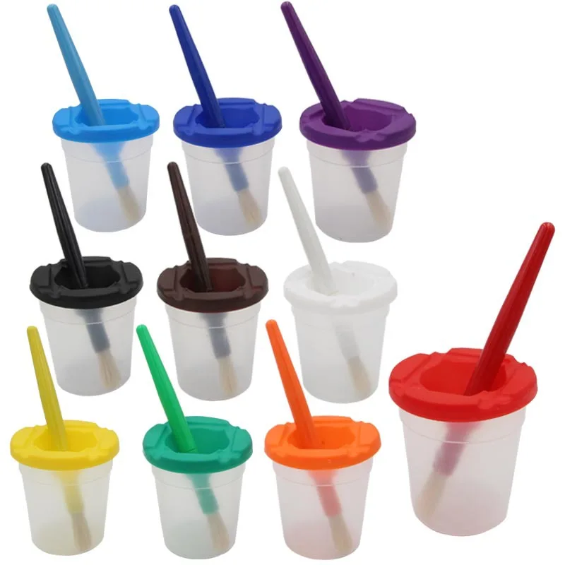 10PCS Paint Brush+10PCS Washing Bucket For Children Kids Watercolor Oil Gouache Acrylic Painting Bristle Brushes Art Supply