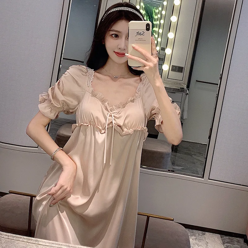 Female Nightgown Elegant Palace Style Princess Long Nightgown Sleepwear Summer Short Sleeve Sleepshirt Satin Silk Home Dress