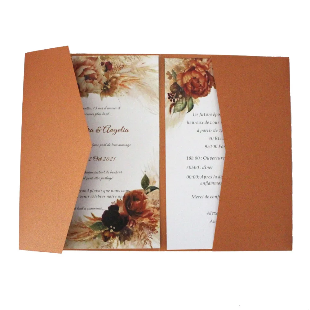 50Pcs Blank Copper Wedding Invitations Pockets With Envelopes and Ribbons For Party Invite Custoized Text Printing