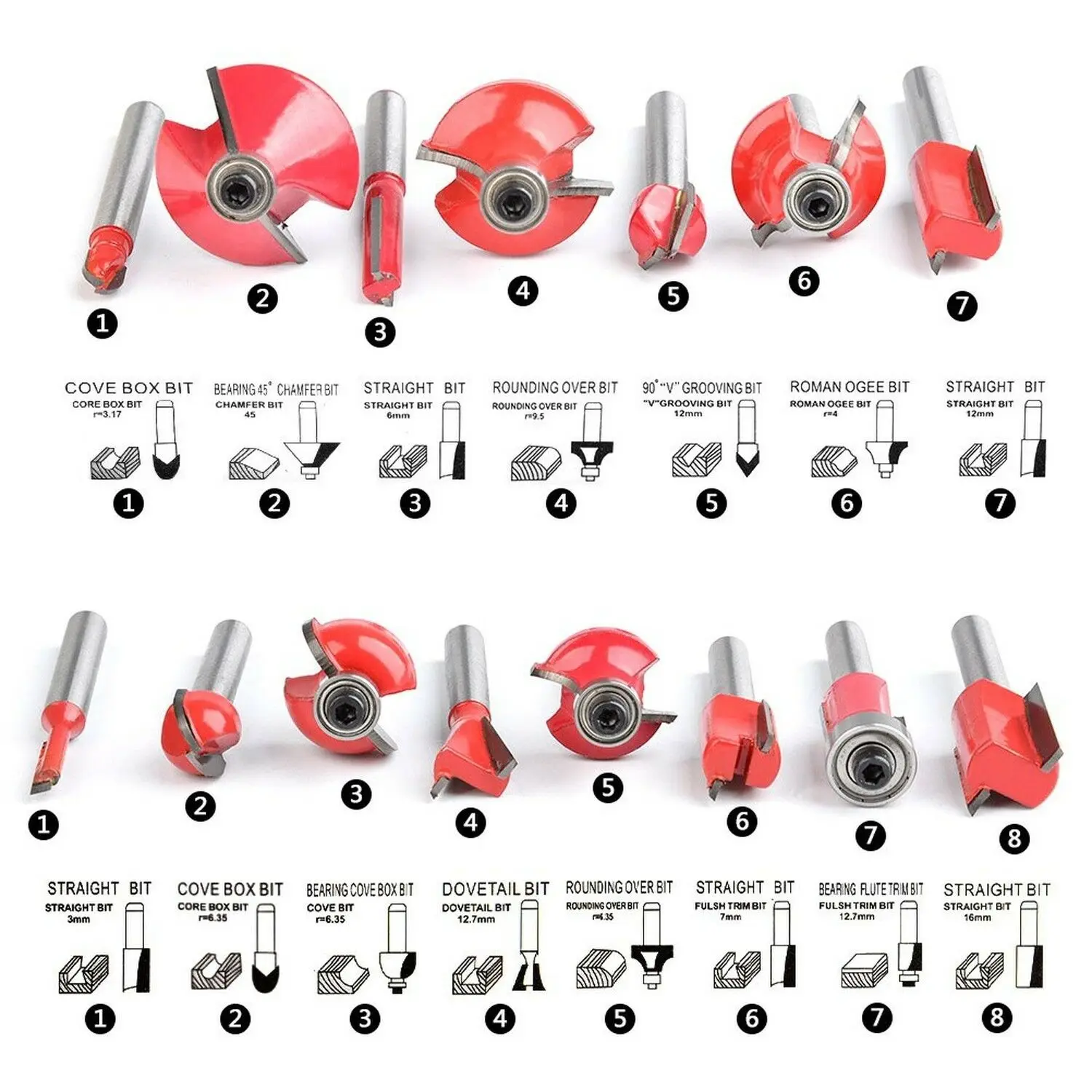 15 teile/satz Holzbearbeitung Fräser 1/4 ''/8mm Schaft Hartmetall Router Bit Für Holz Cutter Gravur Schneiden Werkzeuge