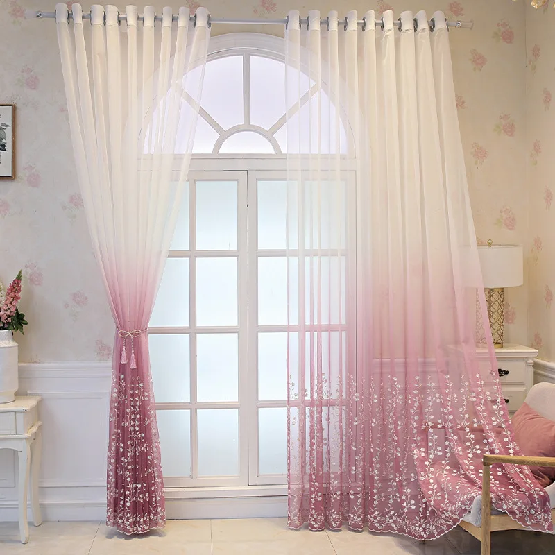 Pink Gradient Tulle Curtains for Living Room Bedroom Princess Room White Embroidered  Floral Sheer Window Curtain Panel Drapes