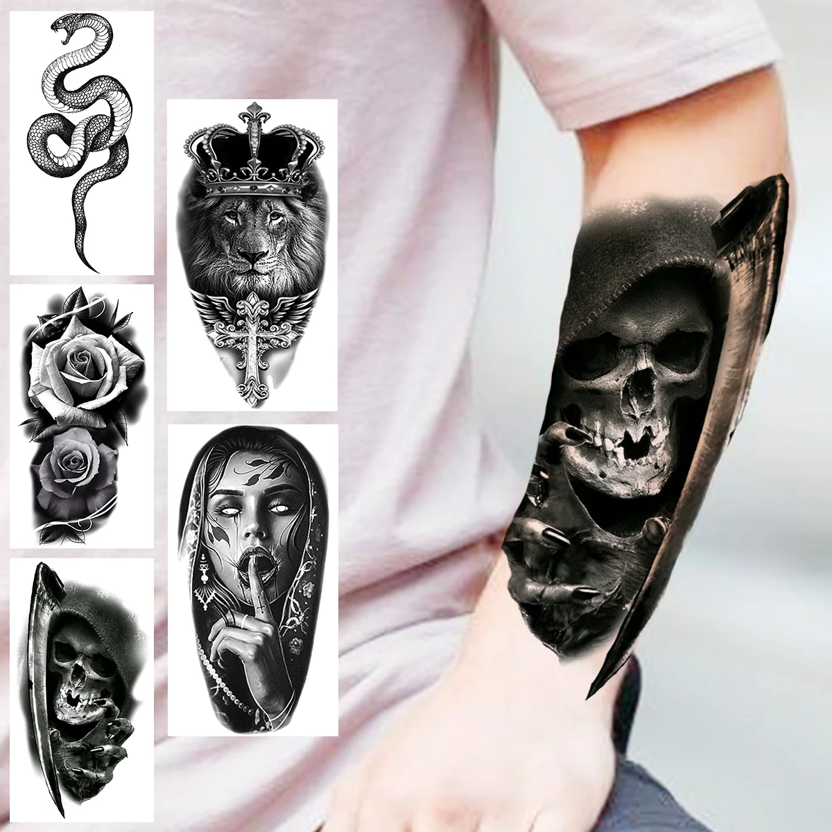 Black Scary Temporary Tattoos For Men Adults Realistic Lion Crown Cross Vampire Snake Fake Tattoo Sticker Forearm Tatoos Body