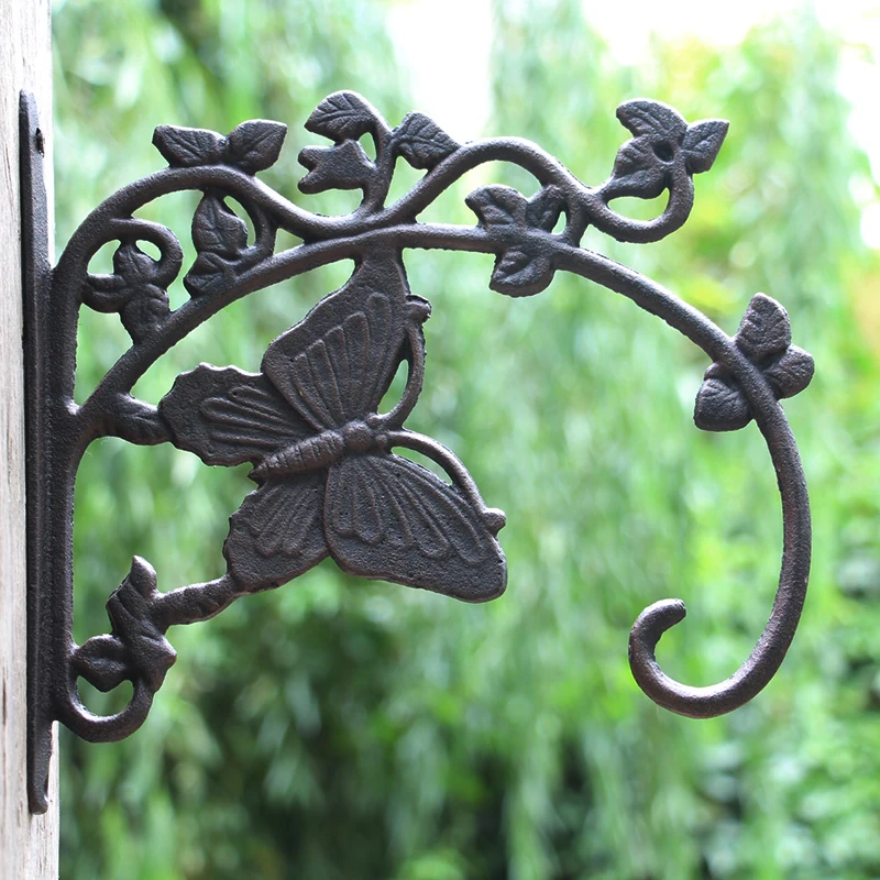 European Vintage Butterfly on Branch Design Cast Iron Home Garden Wall Mounted Flower Pot Basket Hanging Hook Holder Rack