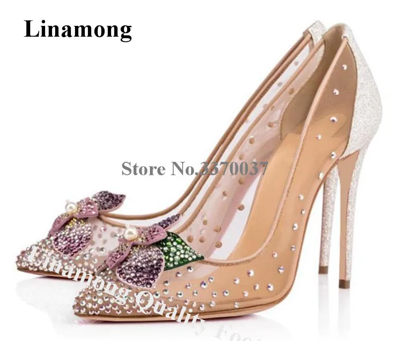 

Linamong Brand Transparent Mesh Rhinestone Stiletto Heel Pumps Pink Flowers Glitter Sequined Crystal High Heels Wedding Shoes