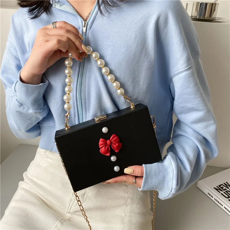 Cute Bow Small Bags for Women 2021 New Cartoon Pearl Handbags Fashion Party Portable Leather Square Box Crossbody Bags Ladies