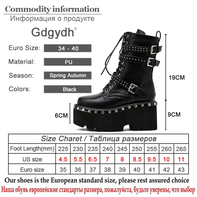 Gdgydh Spring Lace-Up Motorcycle Boots for Women Round Toe Thick Platform High Heels Female Ankle Boots Gothic Style Shoes