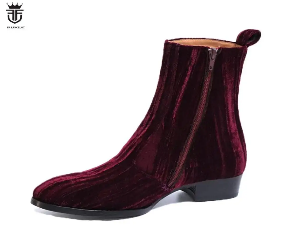 2020 new fashion men booties wine red Chelsea Boots zip up Boots point toe Men\'s party shoes heel 5cm velvet botas