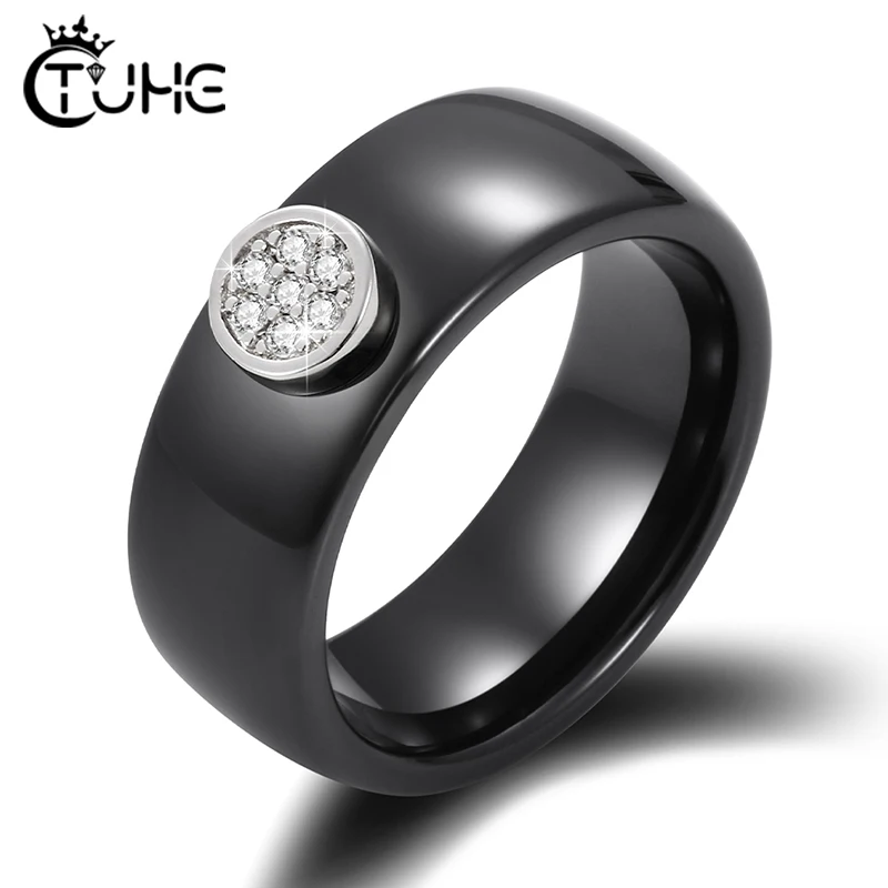 Classic Black White Colorful Ring Ceramic Ring For Women With Crystal Wedding Band Width 8/6mm Size 6-12 Gift For Men Couple