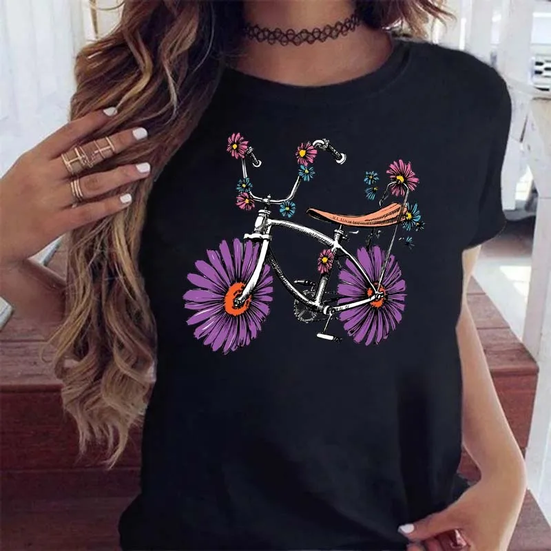 Woman Funny Bicycle Floral Print T Shirt Harajuku Women Tshirts Casual O-Neck Short Sleeves Tops Tees Shirt,Drop Shipping