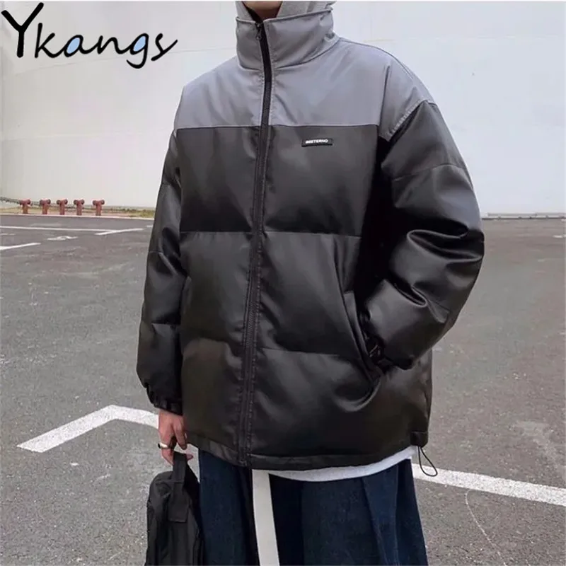 PU Leather Cotton-Padded Jacket Winter Same Style For Men And Women Patchwork Coat Korean Loose Warm Windproof Bread Clothes