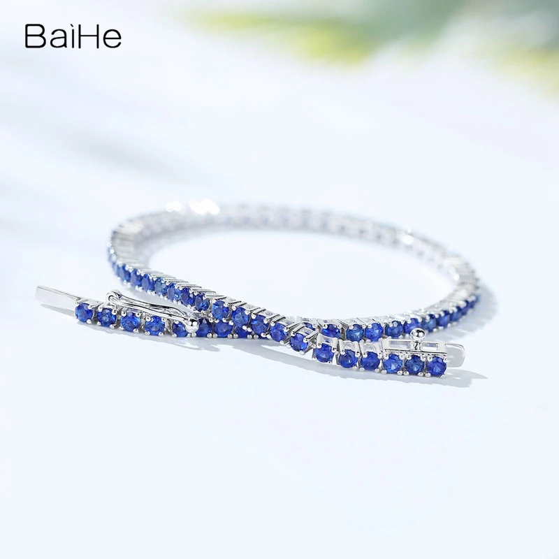 BAIHE Solid 14K White Gold 3ct Full Natural Sapphire Bracelet For Women Engagement Trendy Fine Jewelry Pulsera zafiro Armband