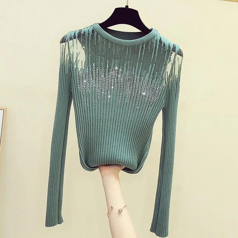 Diamonds Thin Knitted Sweater Women Long Sleeve Hollow Out Sweaters 2023 Autumn Woman Clothes O Neck Slim Pullover Tops Female