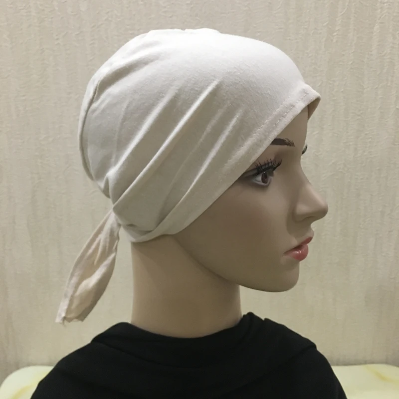 H048 Plain Cotton Tie Back Hats Muslim Turban Pure Color Stretch Inner Hijabs Underscarf Women Head Scarf Under Hijab Bonnet