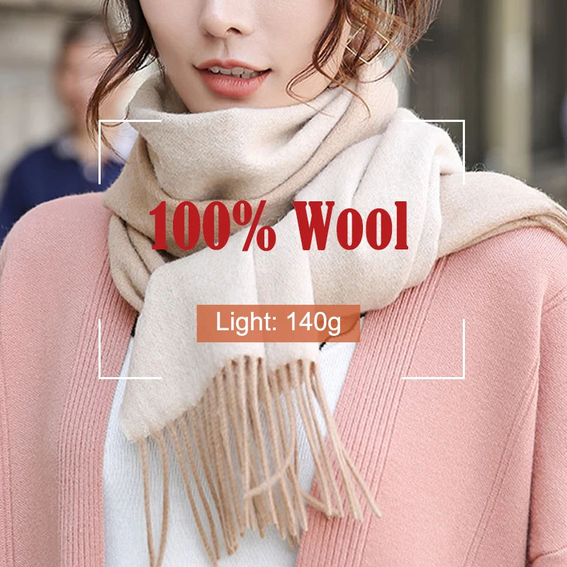 100% Pure Wool Scarf Winter Women Solid Echarpe Wraps for Ladies Pashmina with Tassel Warm Merino Wool Scarves Cashmere