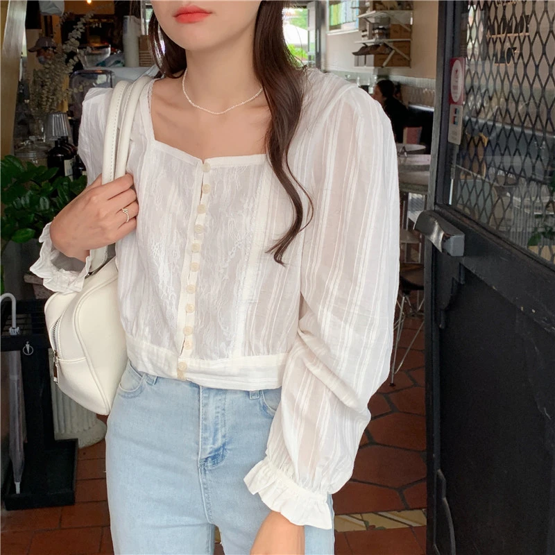 New 2022 Summer Autunm Women\'s Blouse Casual Sweet Fashionable Square Collar Elegant Vintage Shirt Wild Lady Short Tops BL9239