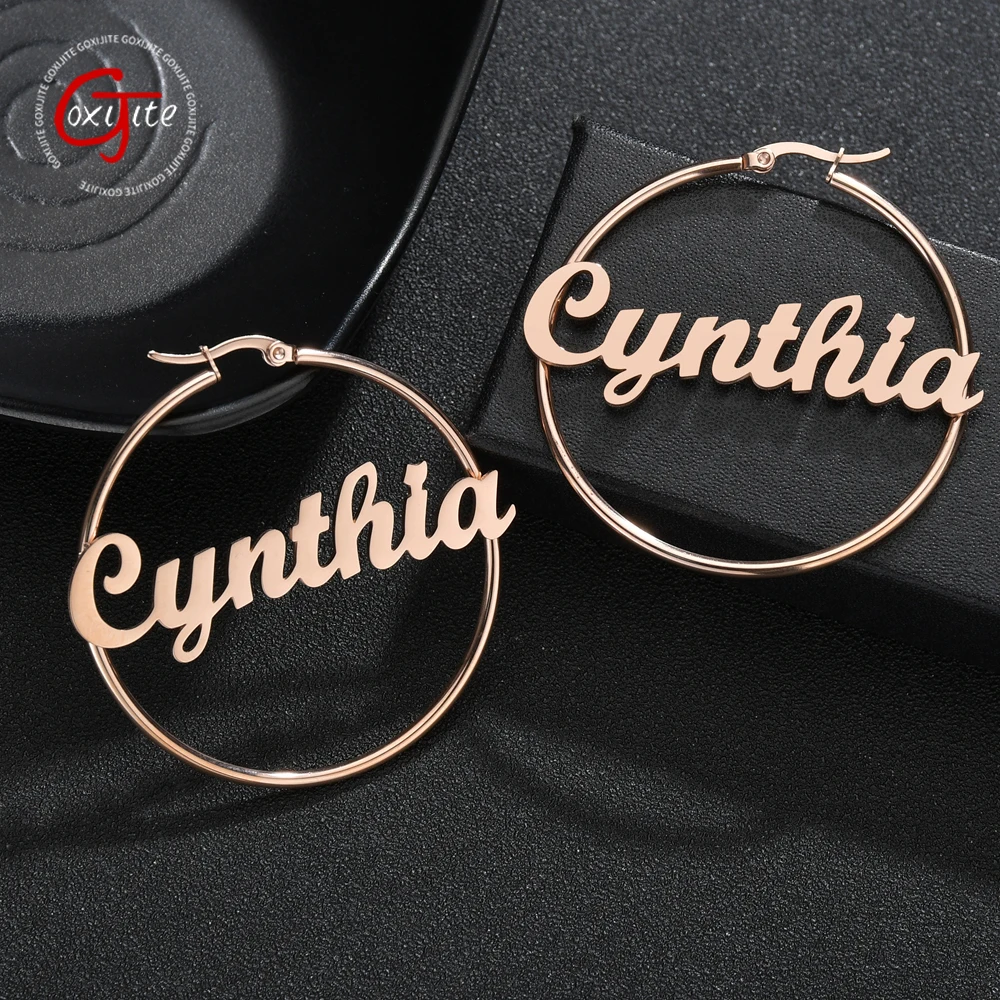 

Goxijite Custom Name Big Hoop Earring For Women Stainless Steel Exaggerate Letter Nameplate Circle Earrings Jewelry Gift