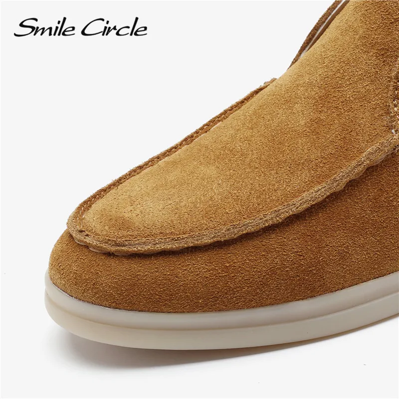 Smile Circle/Spring  Women Genuine Leather Nude Flats Casual Shoes Slip-On Penny loafers Autumn Ladies Lazy shoes