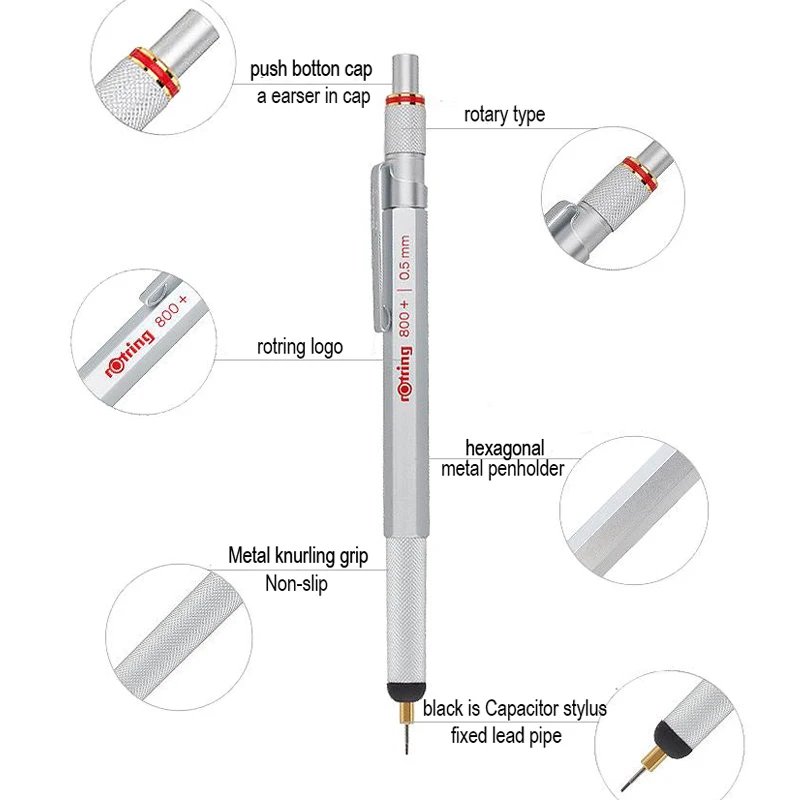 Rotring 800+ metal mechanical pencil 0.5/0.7mm black/silver multi-function Capacitor Stylus pencil 1 piece