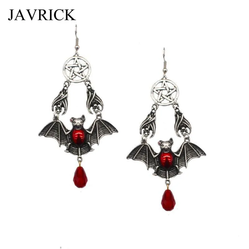 Vintage  Red Vampire Bat Pendant Drop Earrings Gothic Victorian Jewelry