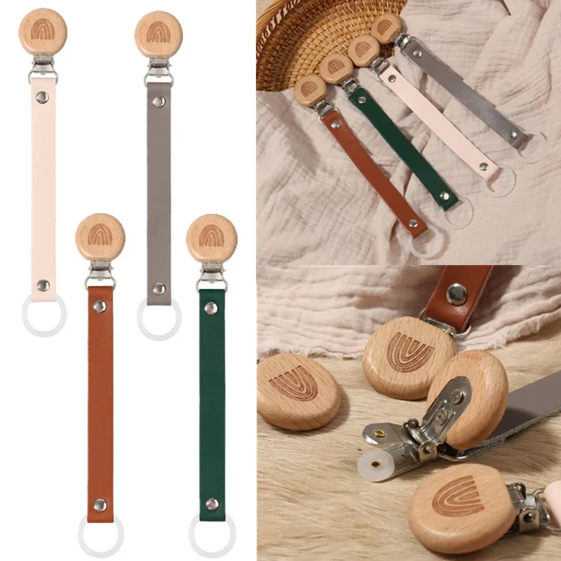 

2020 New Leather Baby Pacifier Clip Chain Rainbow Wooden Carve Pacifier Nipple Holder Clasps For Baby Product Attache Sucette