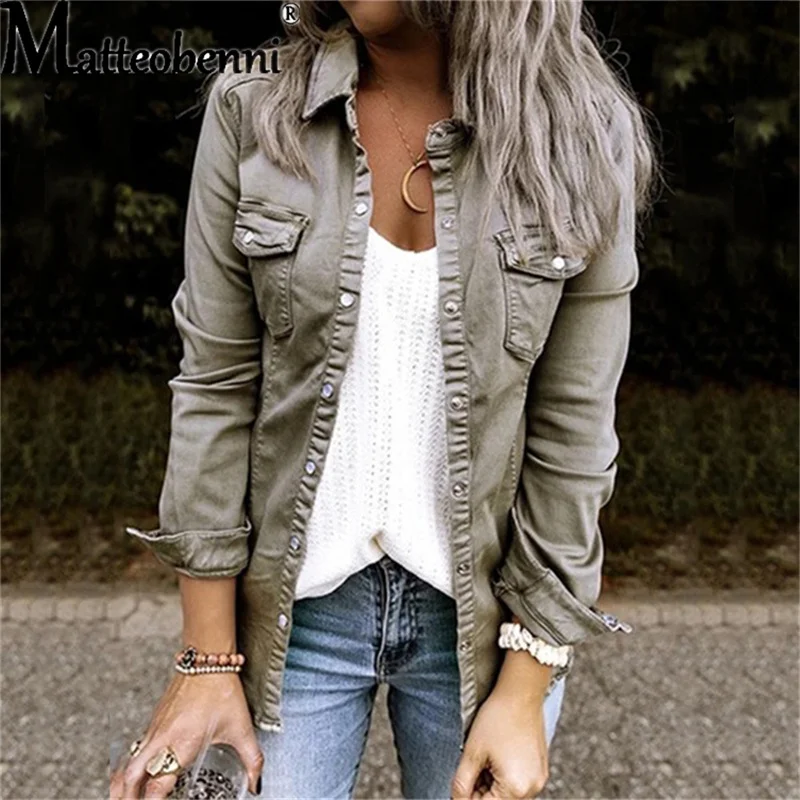 2021 Autumn With Fur Black Jean Jacket Ladies Mid Length Denim Shirt Coat Fashion New Slim Solid Color Women Street Denim Jacket