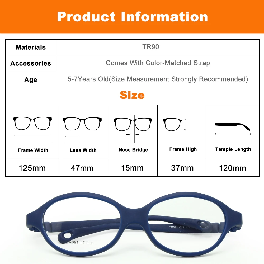 One-piece Kids Glasses No Screw with Plano Lenses Size 47mm, Bendable Boy\'s Glasses & Strap, Durable Safe Children Glasses Frame