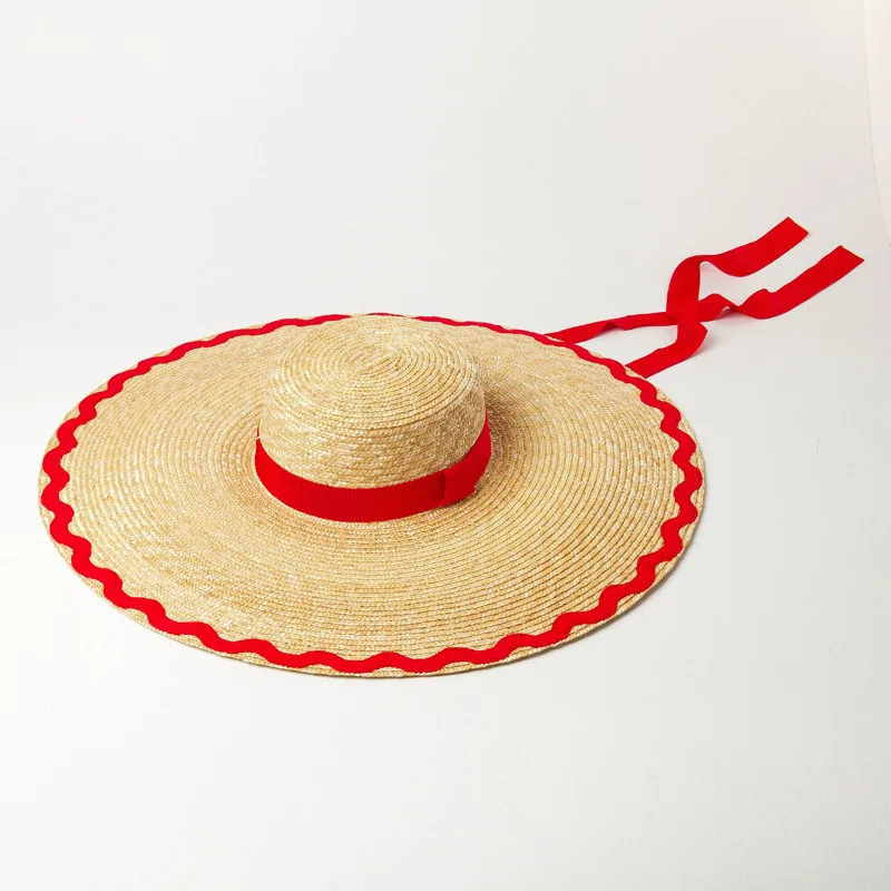 Elegant Chapeu Feminino Summer New Wave Patch Flat Top Big Wide Brim Straw Hat For Lady Holiday Sun Protection Beach Bucket Cap