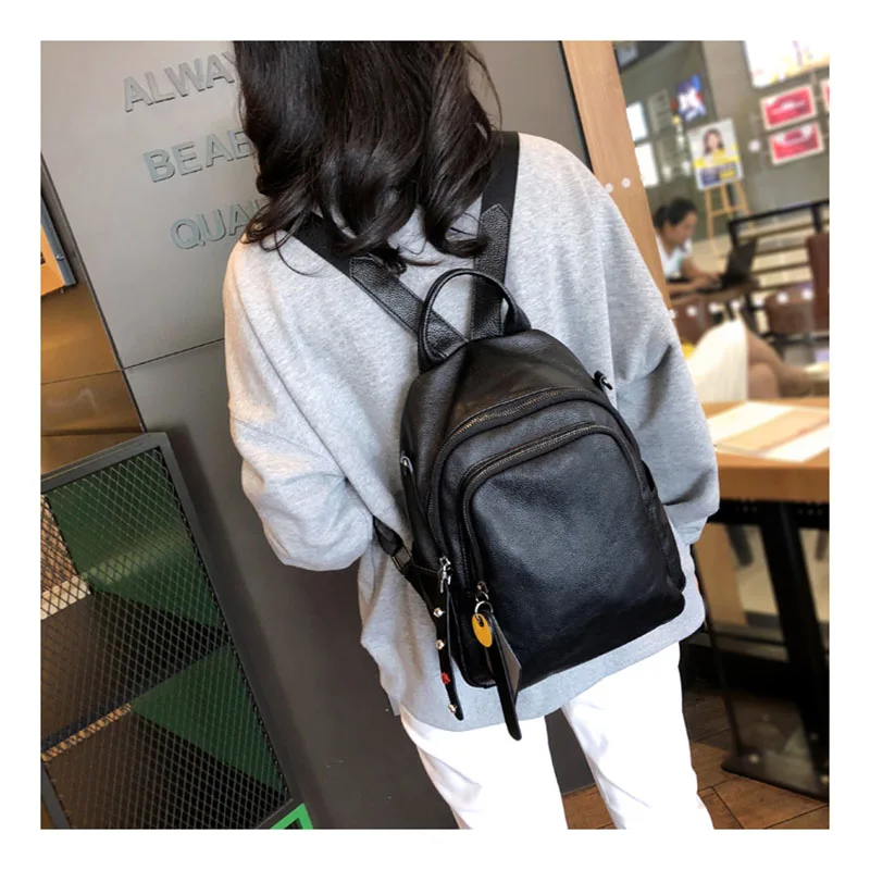 Luxury Travel Women's Backpack Soft Genuine Leather Girl Fashion Casual 10 Inches Black Vintage Waterproof Back Large Capacity