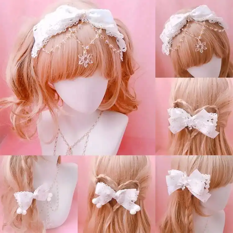 Lolita-opaska do włosów w kształcie płatka śniegu, czysta biel, akcesoria, włochata piłka, śnieżynka, śliczne akcesoria do włosów
