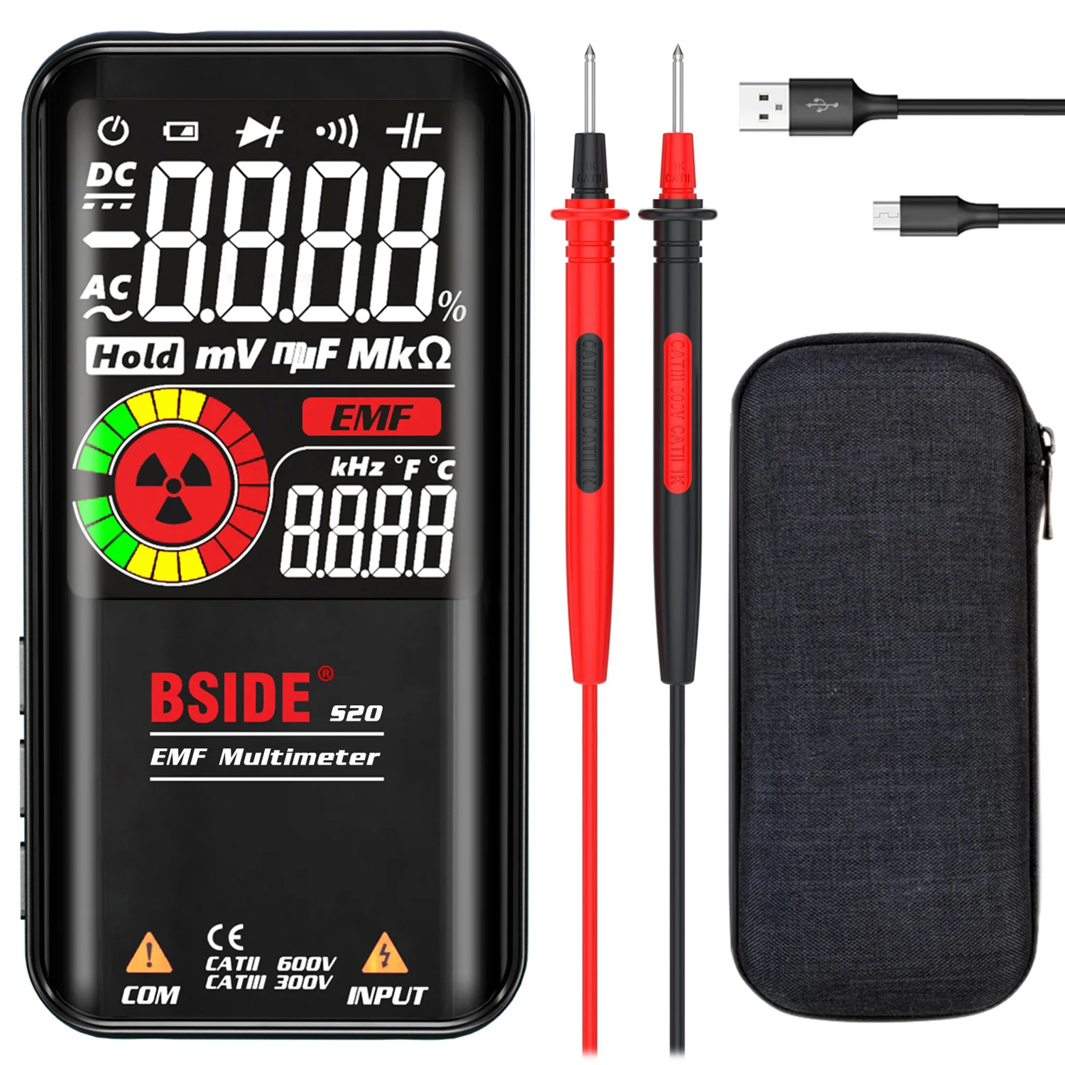 BSIDE Digital Multimeter Color Display 9999 Count Auto Range Voltmeter Rechargeable with EMF Detector Capacitance Diode Tester